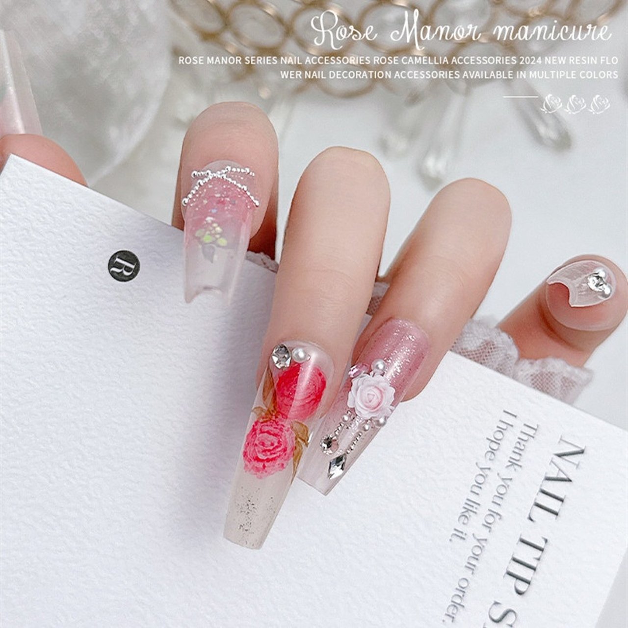 バラの花柄ピンクネイルチップ10個セット 47b181a4274d14e31d8aee3c4a823c