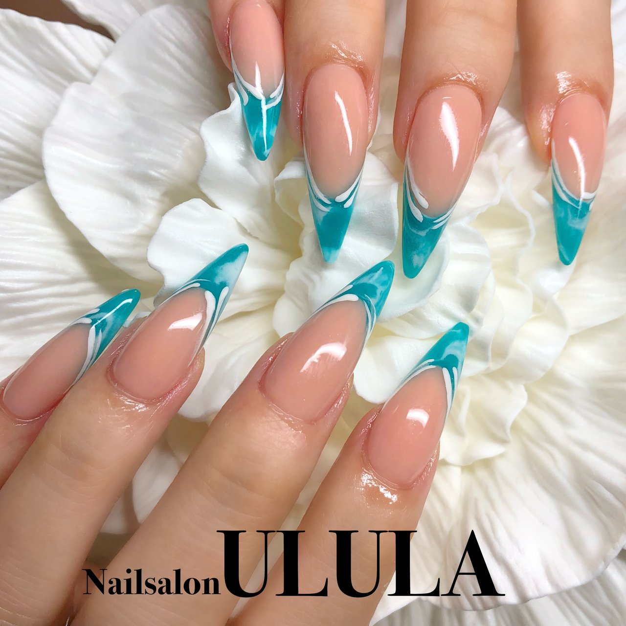 夏 ハンド フレンチ ロング ターコイズ Nailsalon Ululaのネイルデザイン No ネイルブック