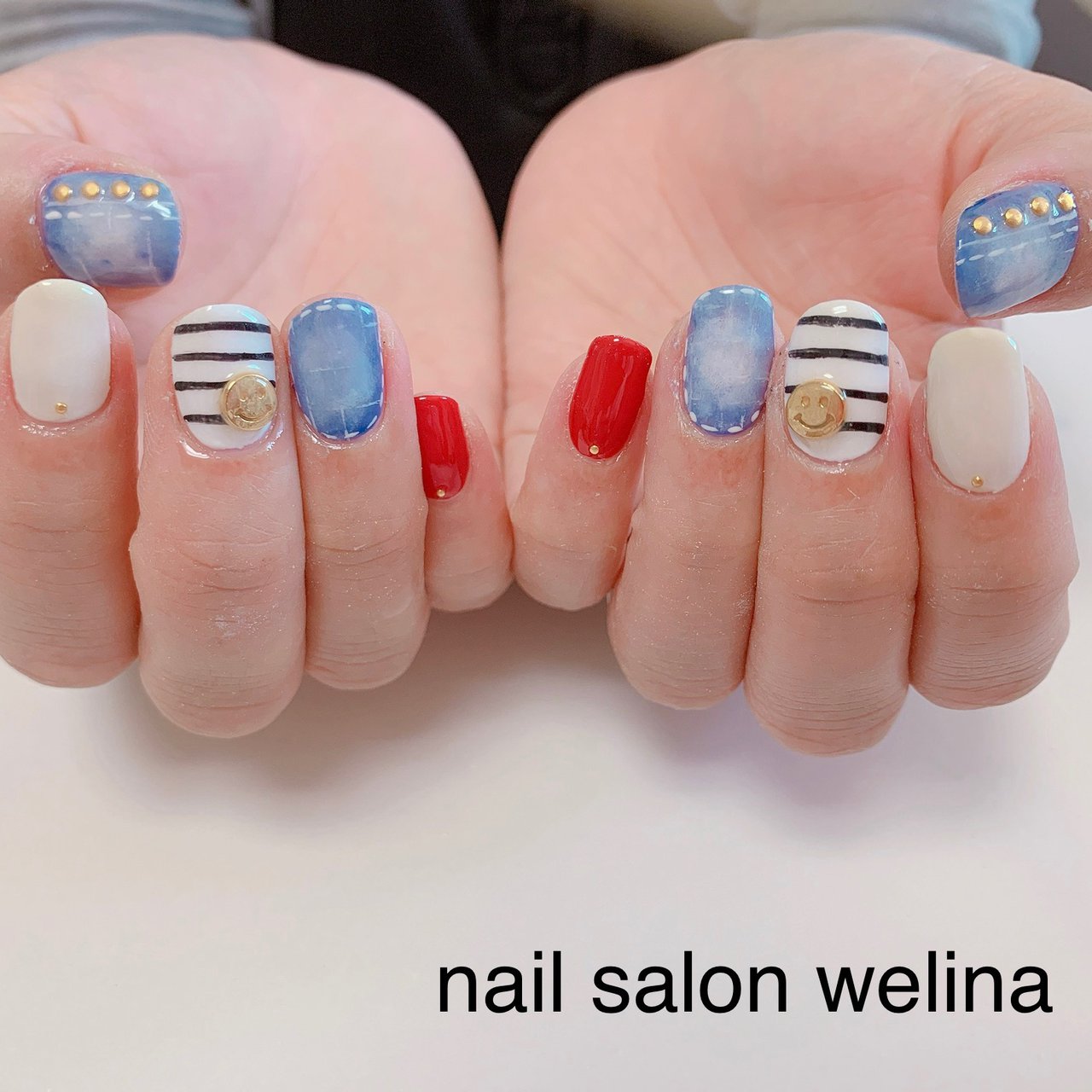 オールシーズン ハンド デニム ボーダー ショート Nailsalonwelinaのネイルデザイン No ネイルブック