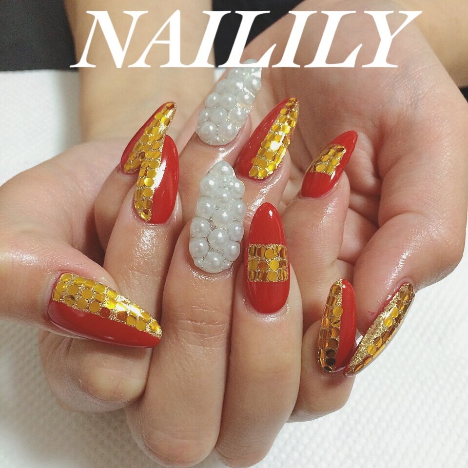 オールシーズン ハンド ロング レッド ゴールド Naililyのネイルデザイン No 4366584 ネイルブック