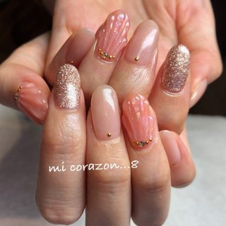 #micorazon...8#nail#ジェルネイル#パラジェル#一層残し#MB#人魚の鱗#コーラルピンクネイル#オフィスネイル #春 #夏 #海 #リゾート #ハンド #ホログラム #ワンカラー #マーメイド #ショート #ベージュ #ピンク #ゴールド #ジェルネイル #お客様 #mi Corazon...8 #ネイルブック