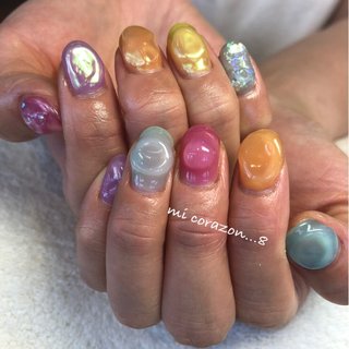 #micorazon...8#nail#ジェルネイル#パラジェル#一層残し#MB#カラフルネイル#オーロラパウダー#夏ネイル#ポコポコネイル#カラー変更無料＃カラー調合 #夏 #海 #ハンド #ワンカラー #3D #オーロラ #ミラー #ショート #オレンジ #イエロー #カラフル #ジェルネイル #お客様 #mi Corazon...8 #ネイルブック
