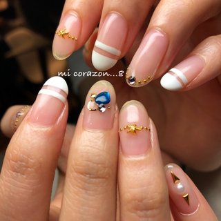 #micorazon...8#nail#ジェルネイル#パラジェル#一層残し#MB#クリアネイル#夏ネイル #夏 #旅行 #海 #リゾート #ハンド #変形フレンチ #ミディアム #ホワイト #ブルー #ゴールド #ジェルネイル #お客様 #mi Corazon...8 #ネイルブック