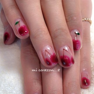 #micorazon...8#nail#ジェルネイル#パラジェル#一層残し#MB#さくらんぼネイル#クリア感ネイル #春 #ハンド #フルーツ #ショート #ピンク #レッド #グリーン #ジェルネイル #お客様 #mi Corazon...8 #ネイルブック