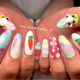 #micorazon...8#nail#ジェルネイル#パラジェル#一層残し#MB#フィルイン#イースターネイル#ディズニーネイル#手描きアート #春 #ハンド #ワンカラー #キャラクター #3D #デコ #ドット #ロング #イエロー #ブルー #カラフル #ジェルネイル #お客様 #mi Corazon...8 #ネイルブック