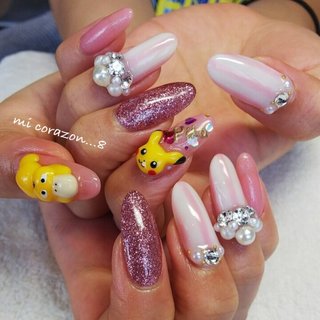#micorazon...8#nail#ジェルネイル#パラジェル#一層残し#MB＃ポケモンネイル#ピカチュウネイル#ピカチュウ#コダック#ストライプネイル#ピンクネイル#ビジューネイル#キラキラネイル #オールシーズン #ハンド #ビジュー #ハート #パール #キャラクター #ストライプ #ロング #ホワイト #ピンク #イエロー #ジェルネイル #お客様 #mi Corazon...8 #ネイルブック