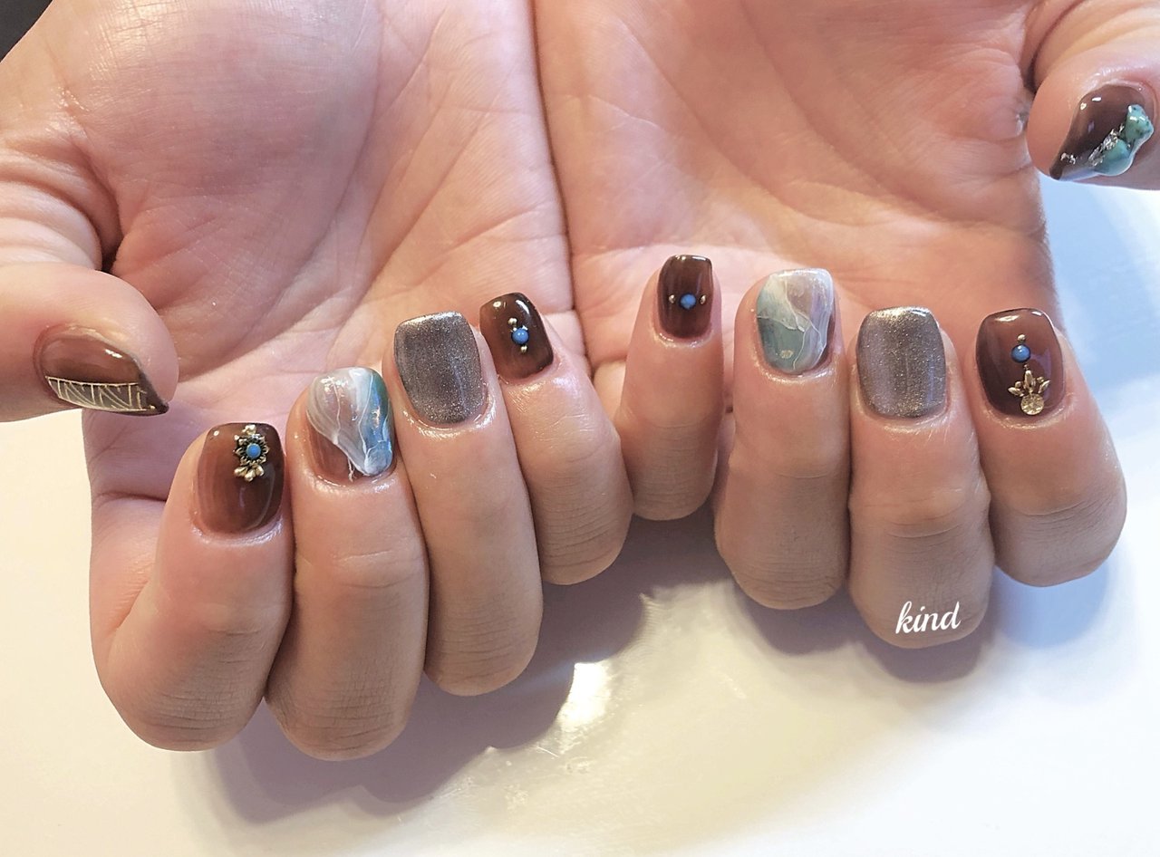 フット ミディアム ターコイズ ブルー ブラウン Nail Kindのネイルデザイン No ネイルブック