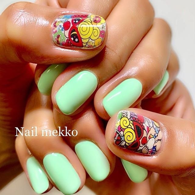 ハンド ワンカラー キャラクター ブランド柄 グリーン Nail Mekkoのネイルデザイン No ネイルブック
