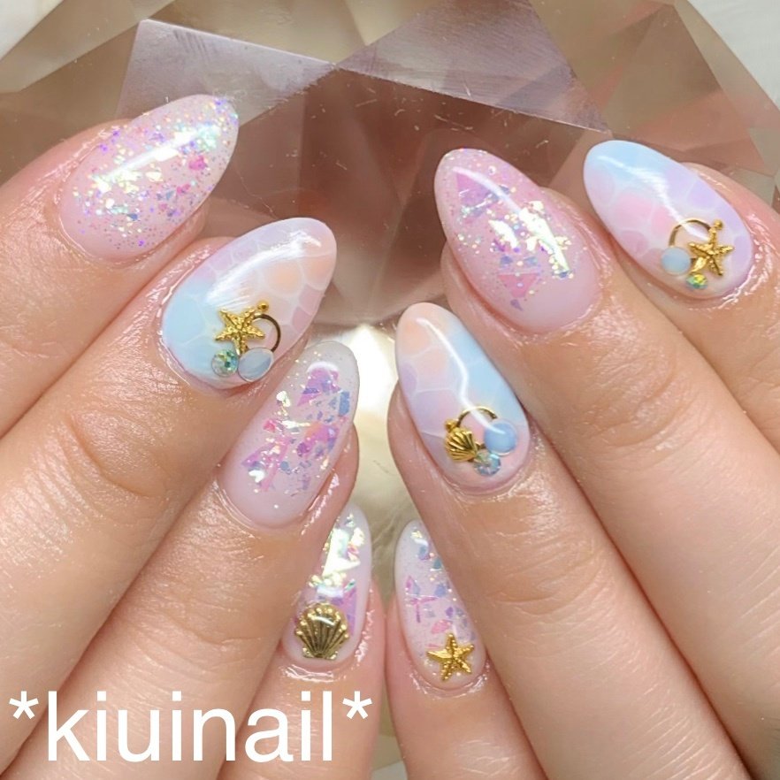 夏 海 ハンド ミディアム ピンク Kiuinailのネイルデザイン No ネイルブック