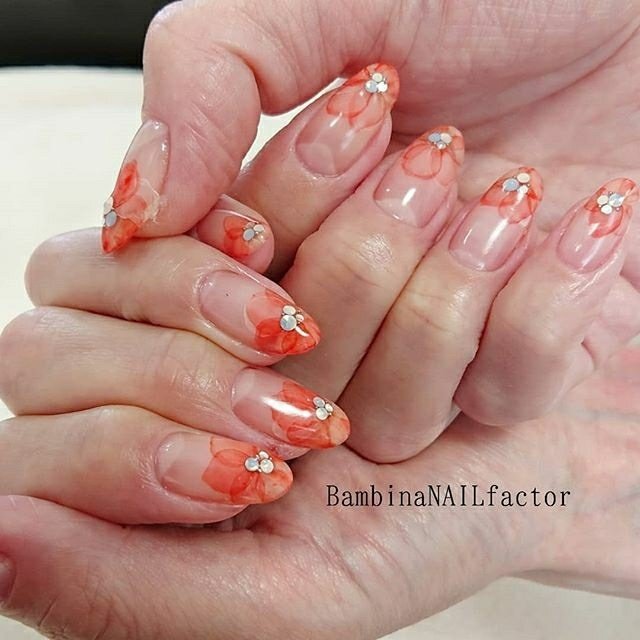 ハンド フラワー たらしこみ ロング オレンジ Bambinanailfactorkiyokoのネイルデザイン No ネイルブック