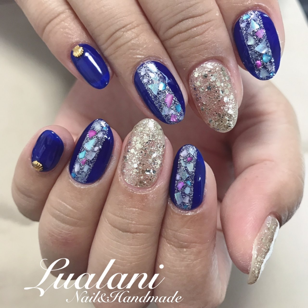 夏 ハンド シェル ネイビー ゴールド Lualani Nailのネイルデザイン No 4452225 ネイルブック