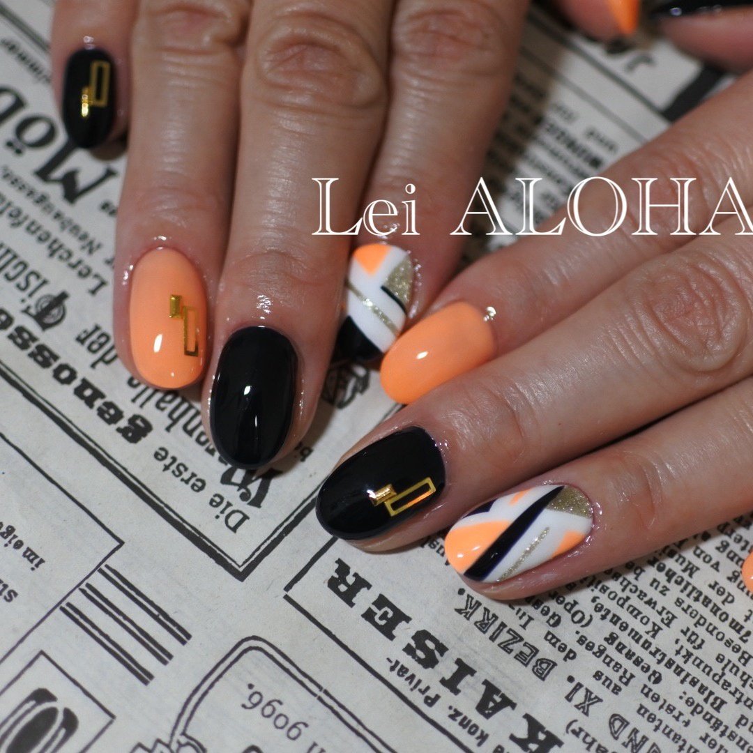 ハンド ショート ホワイト オレンジ ブラック Leialoha1103のネイルデザイン No ネイルブック