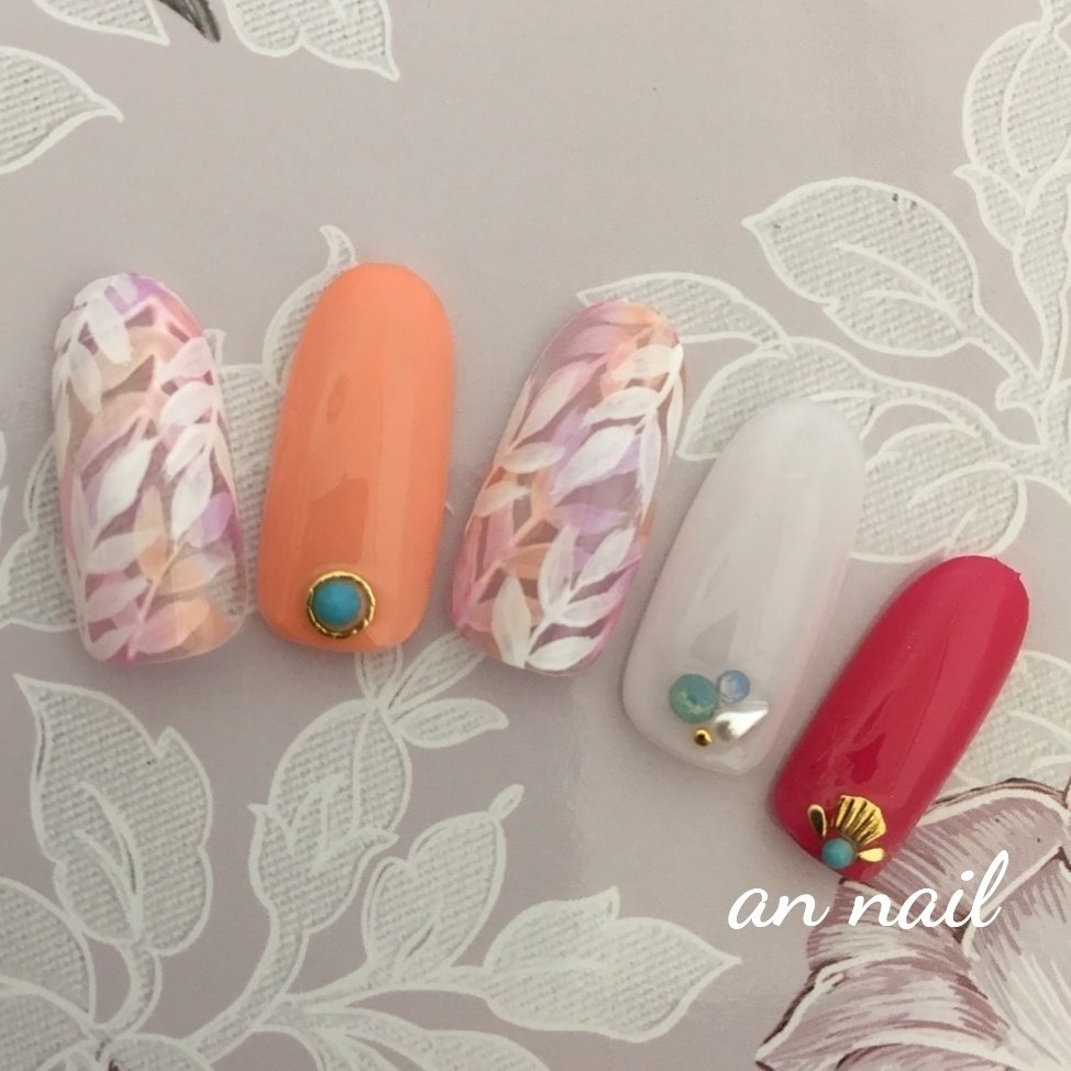 ボタニカル ホワイト ピンク オレンジ An Nailのネイルデザイン No ネイルブック