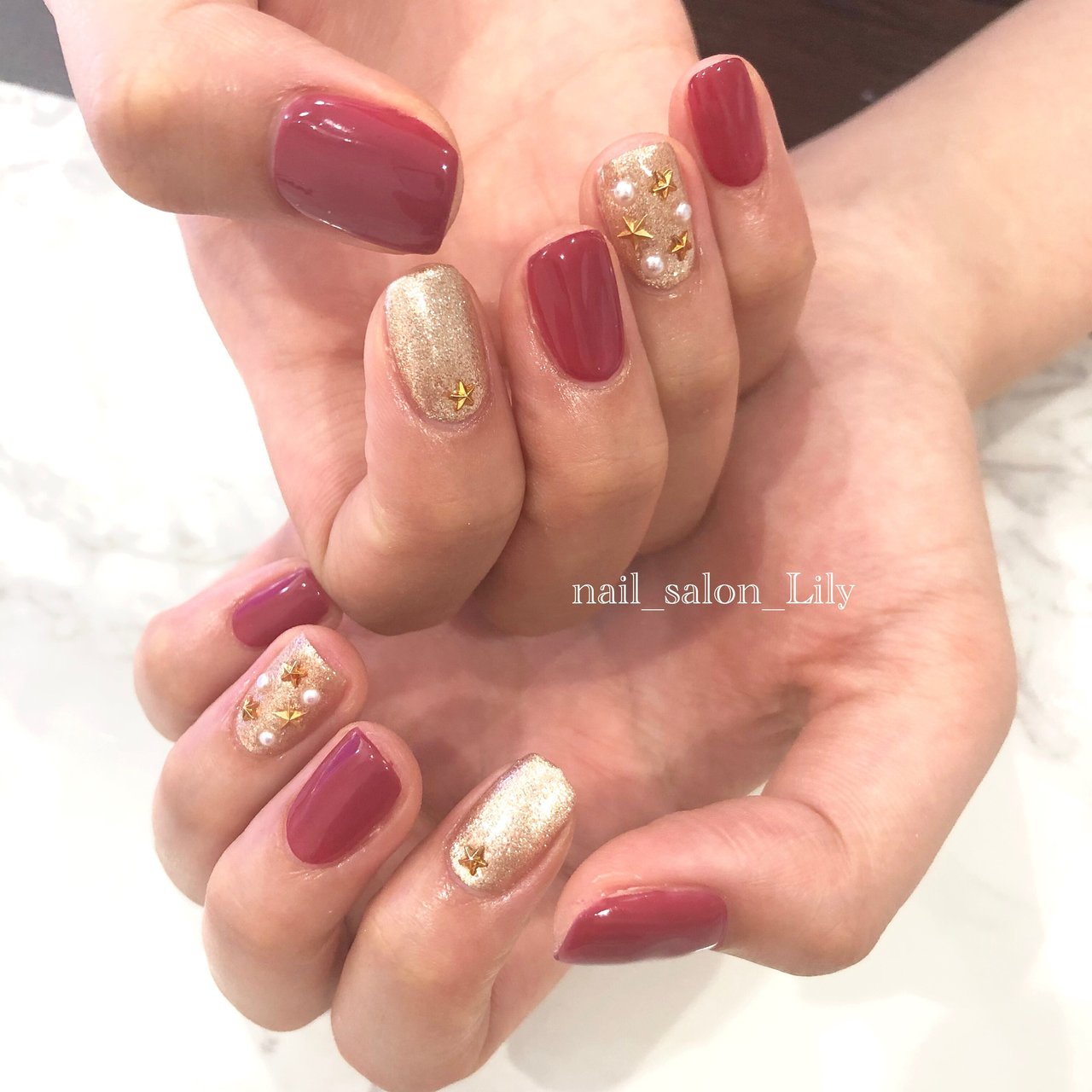 ハンド ショート レッド ボルドー ゴールド Nail Salon Lilyのネイルデザイン No 4464475 ネイルブック