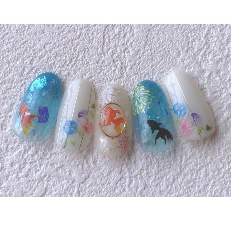 夏 浴衣 ハンド ホワイト 水色 Min Nail のネイルデザイン No ネイルブック