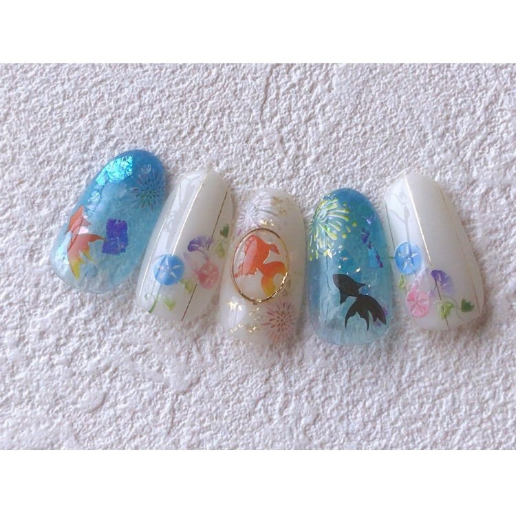 夏 浴衣 ハンド ホワイト 水色 Min Nail のネイルデザイン No ネイルブック