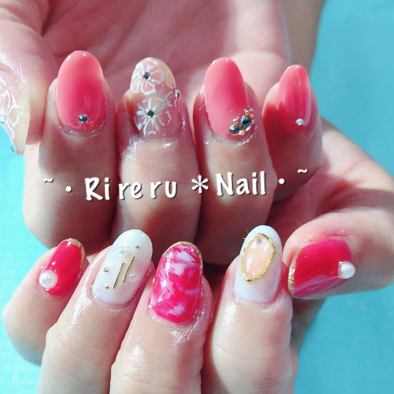 オールシーズン ハンド フラワー パール タイダイ Ri Re Ru Nail リレル ネイルのネイルデザイン No ネイル ブック