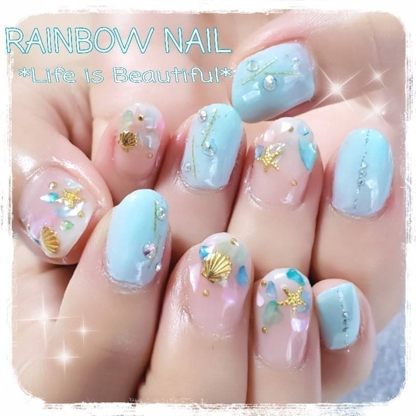 夏 オフィス ハンド シェル ミディアム しろみちゃんのネイルデザイン No ネイルブック