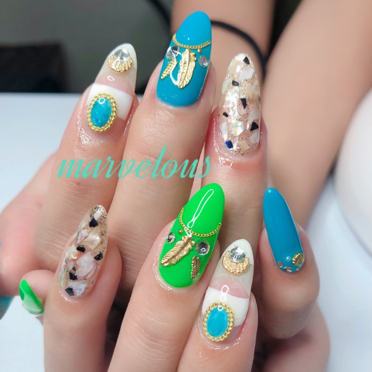 夏 ハンド ロング グリーン ブルー Marvelousのネイルデザイン No ネイルブック