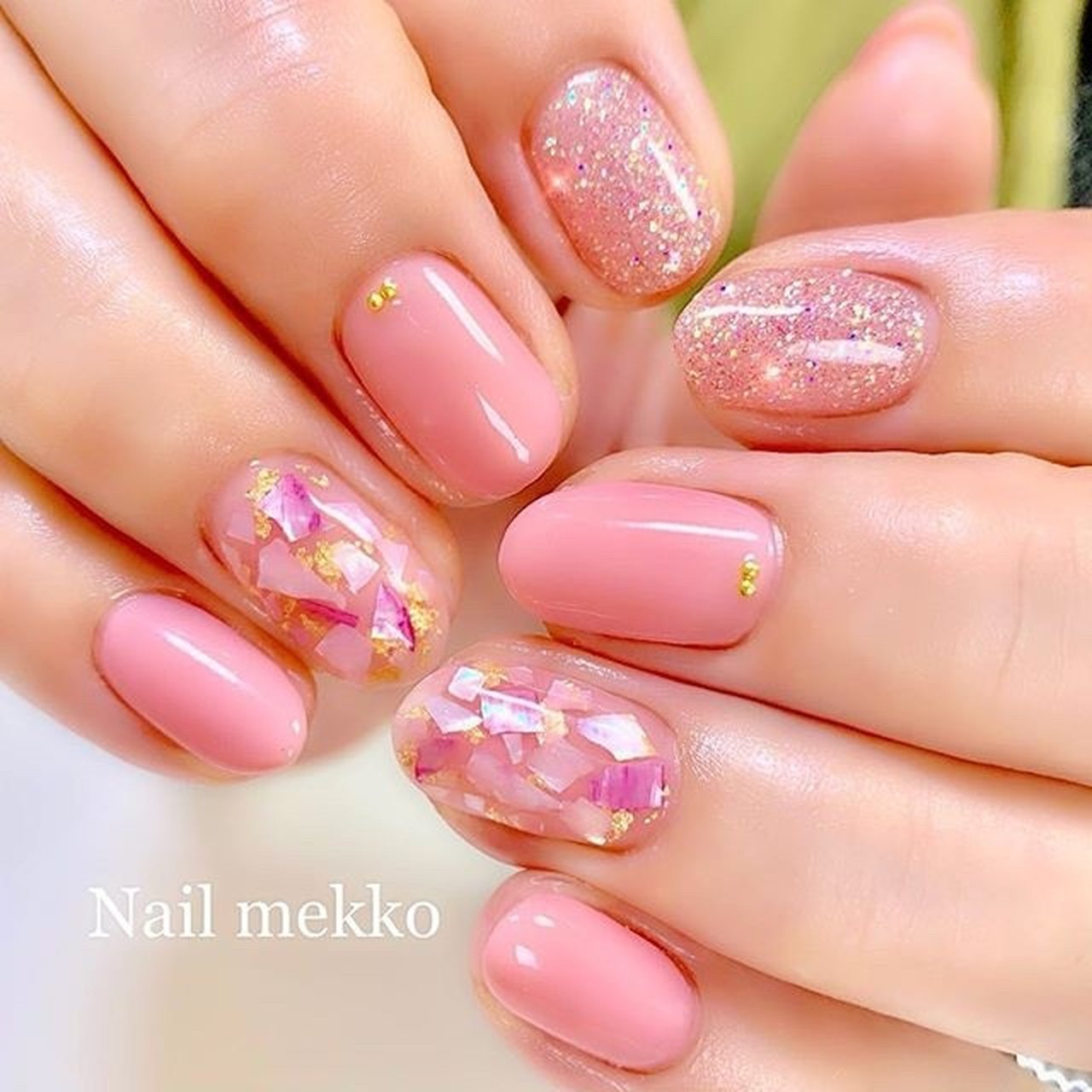 ハンド ラメ ワンカラー シェル ピンク Nail Mekkoのネイルデザイン No ネイルブック