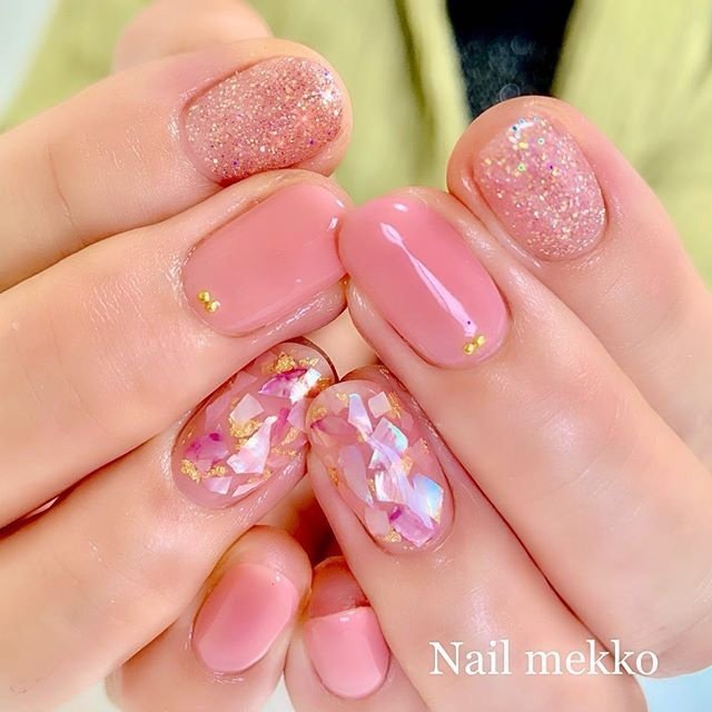 ハンド ラメ ワンカラー シェル ピンク Nail Mekkoのネイルデザイン No ネイルブック