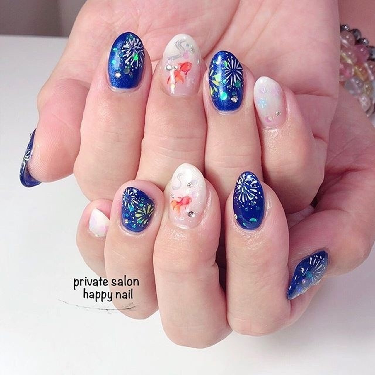夏 七夕 浴衣 和 ホワイト Happy Nailのネイルデザイン No ネイルブック