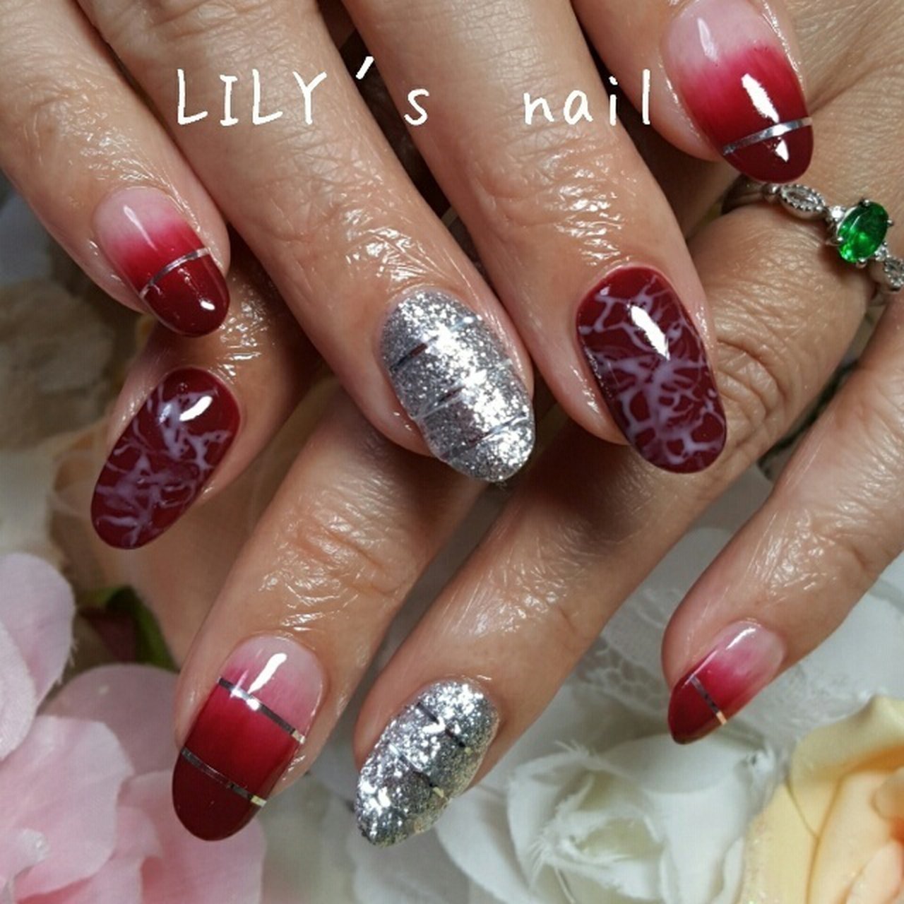 グラデーション レッド シルバー ジェルネイル お客様 Lily Snailリリィズネイルのネイルデザイン No ネイルブック