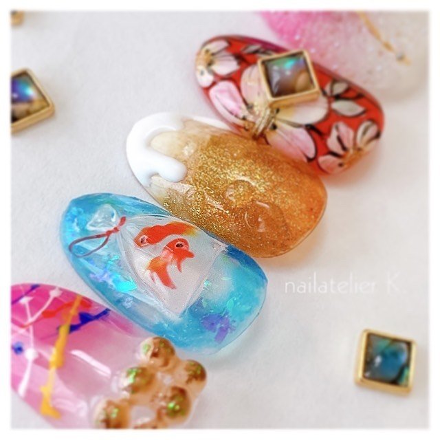 夏 浴衣 ハンド ワンカラー ビジュー Nailatelier Kのネイルデザイン No ネイルブック