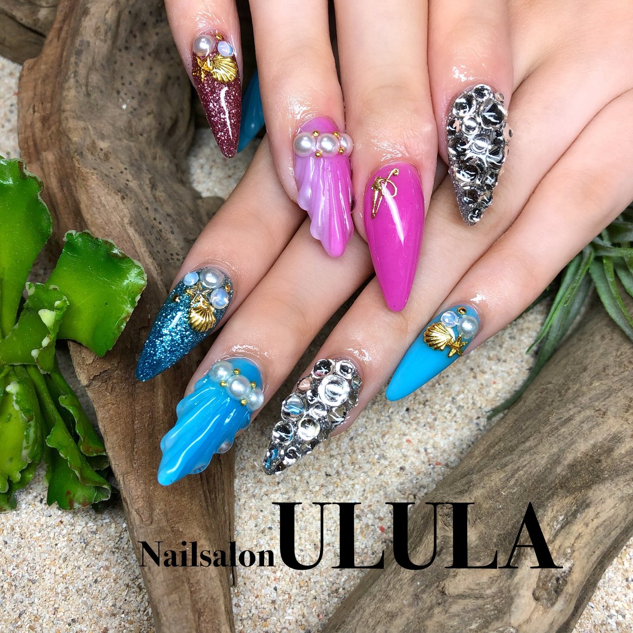 夏 ハンド 人魚の鱗 ミディアム ピンク Nailsalon Ululaのネイルデザイン No ネイルブック