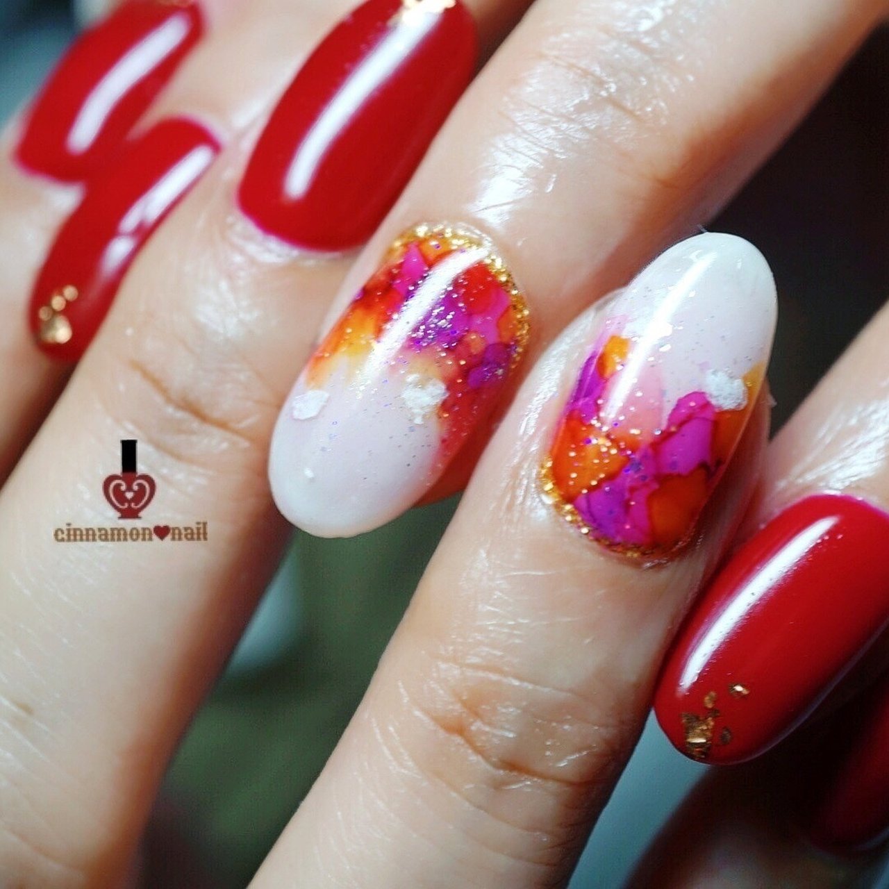 夏 秋 ハンド ワンカラー ステンドグラス Cinnamon Nail Maikoのネイルデザイン No ネイルブック