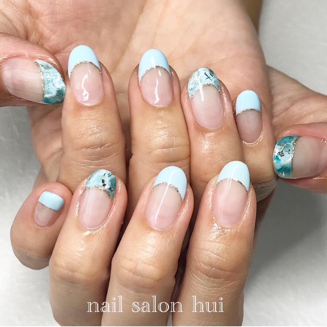 ハンド シンプル フレンチ ターコイズ 水色 Nailsalon Huiのネイルデザイン No ネイルブック