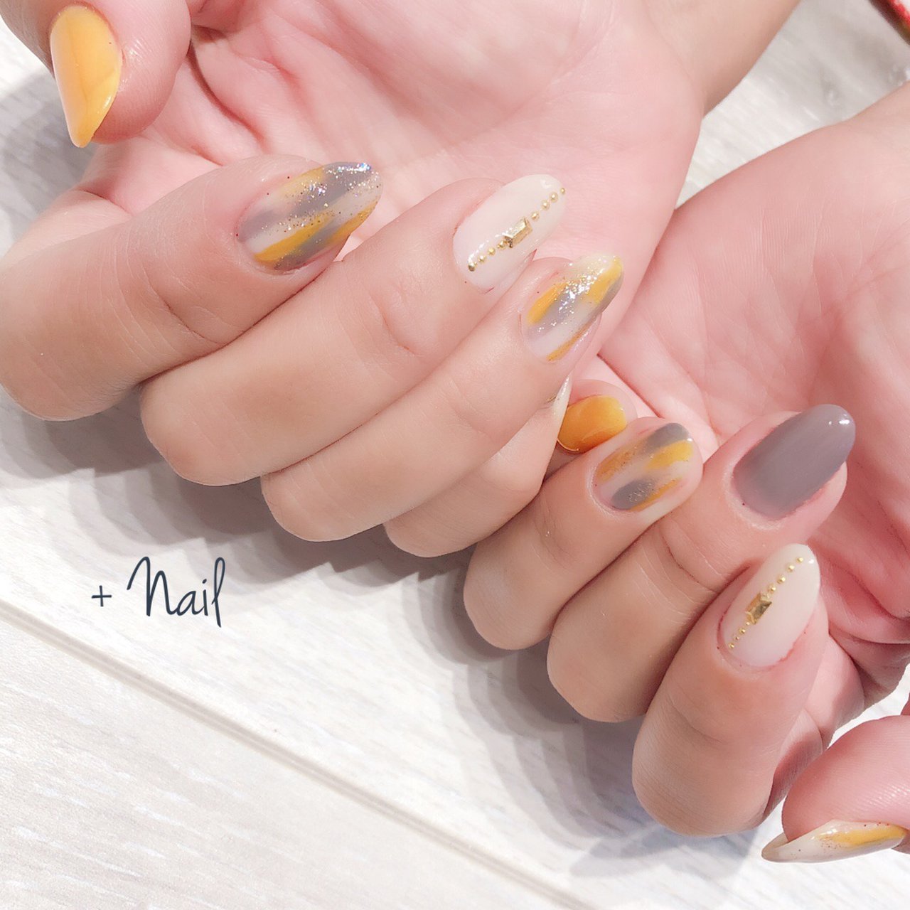 ハンド イエロー グレー ジェルネイル Nailのネイルデザイン No ネイルブック