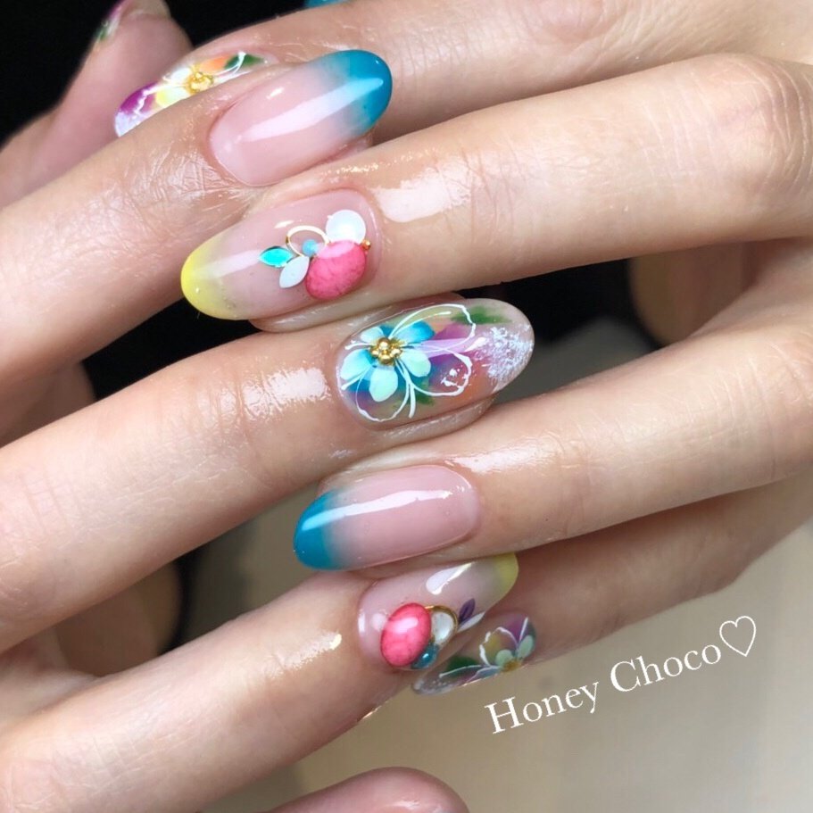 春 夏 ハンド フラワー ミディアム Nail Salon School Honey Chocoのネイルデザイン No ネイル ブック