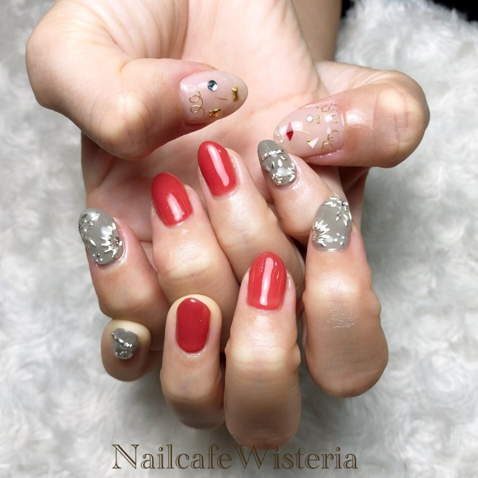 ブライダル ハンド レッド グレー Nailcafewisteriaのネイルデザイン No ネイルブック