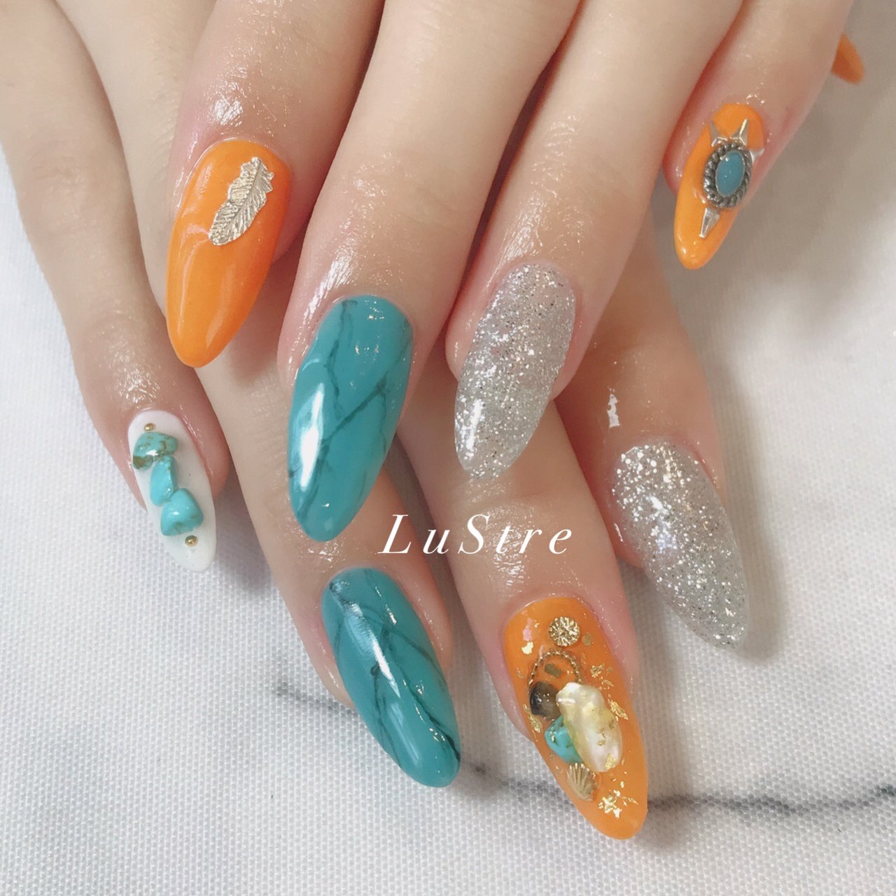 ラメ シェル 大理石 ニュアンス オレンジ Lustre ﾘｭｽﾃﾙ のネイルデザイン No ネイルブック