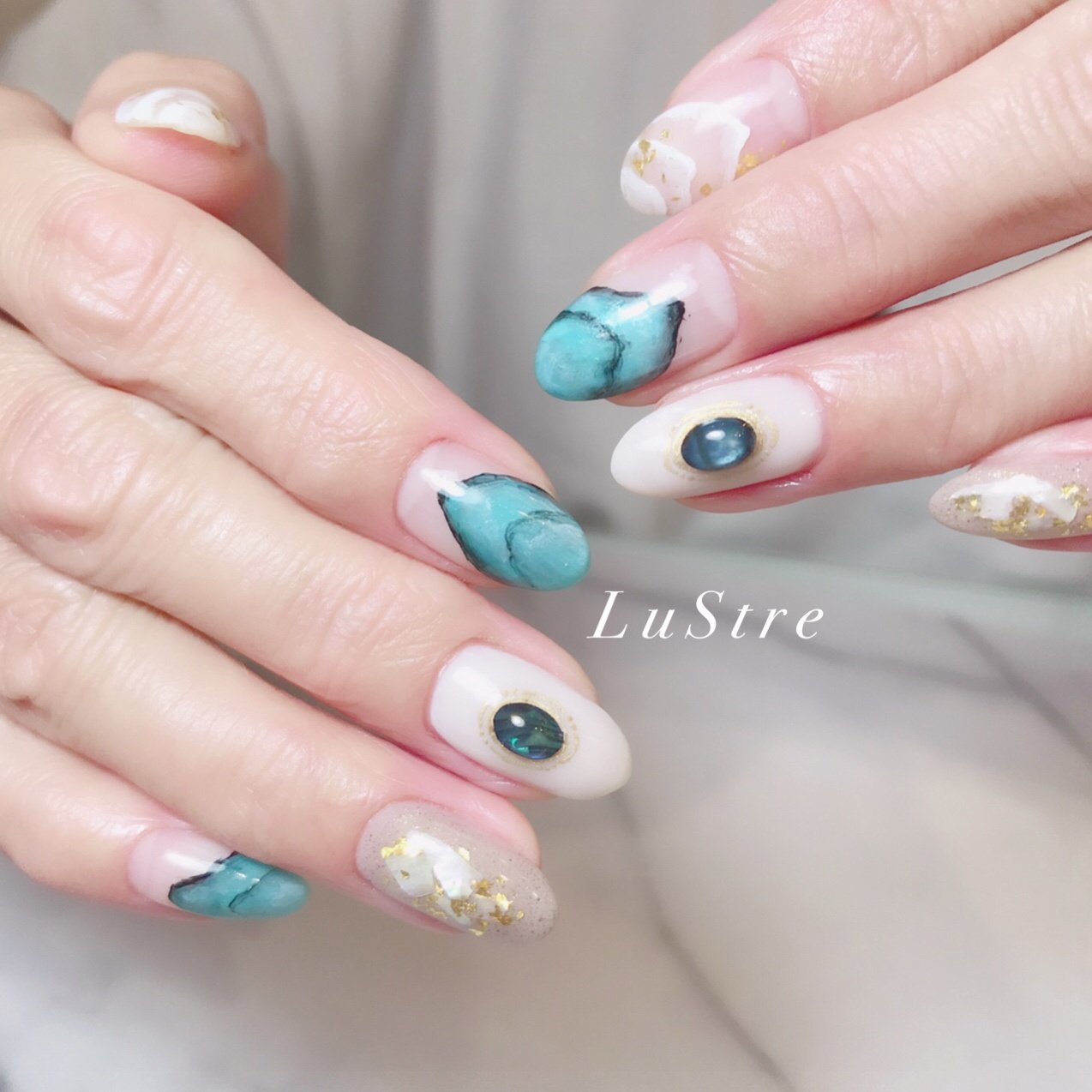 シェル 大理石 ニュアンス ホワイト ターコイズ Lustre ﾘｭｽﾃﾙ のネイルデザイン No ネイルブック