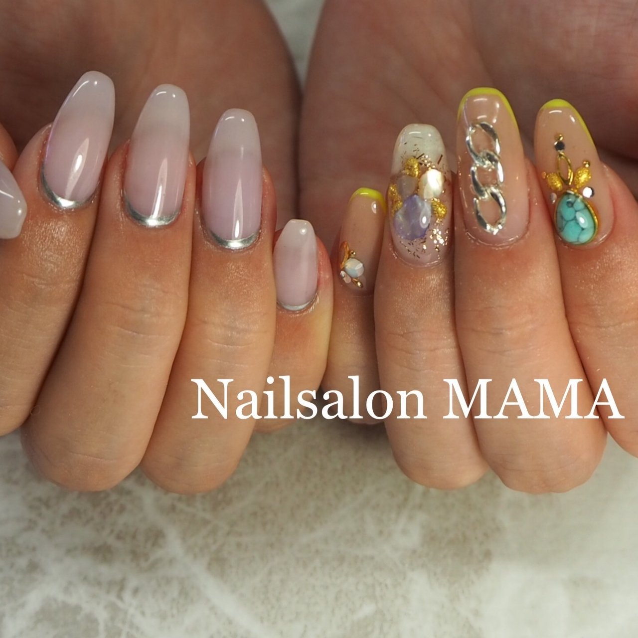 シンプル フレンチ ビジュー エスニック シースルー Nailsalon Mamaのネイルデザイン No ネイルブック