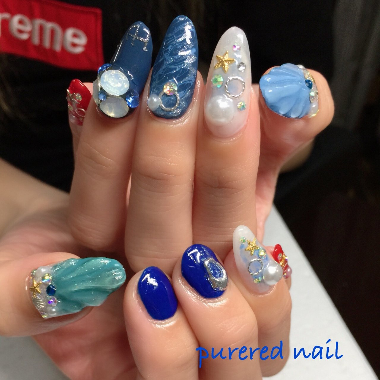 ハンド ロング ブルー ネイビー カラフル Purered Nailのネイルデザイン No ネイルブック