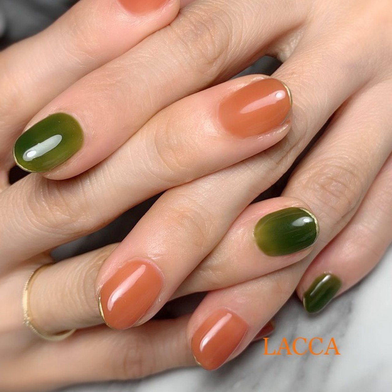 オールシーズン ワンカラー オレンジ グリーン ジェルネイル Lacca ラッカ 泉パークタウンのネイルデザイン No ネイル ブック