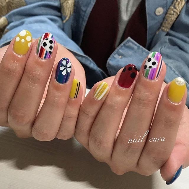 ハンド フラワー ストライプ レトロ 和 Nailcuraのネイルデザイン No ネイルブック