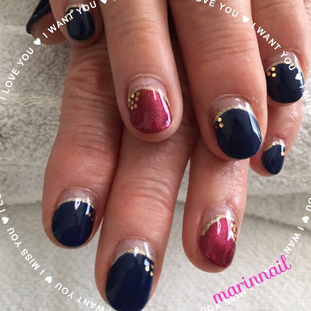 ハンド 変形フレンチ ショート ネイビー ボルドー Marinnailのネイルデザイン No ネイルブック