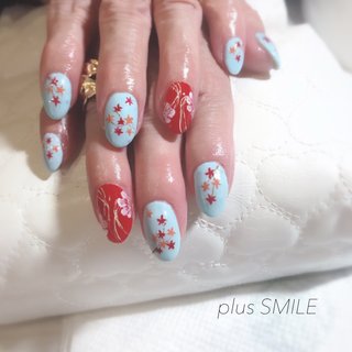 #70代のお客様 #もみじネイル #秋 #ハンド #フラワー #水色 #ボルドー #ゴールド #ジェルネイル #plussmile #ネイルブック