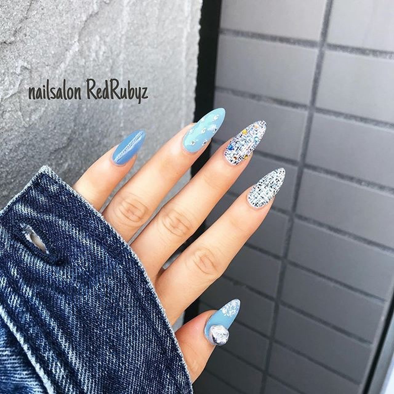 秋/冬/ハンド/ツイード/水色 - CONY NAILのネイルデザイン[No.4714901
