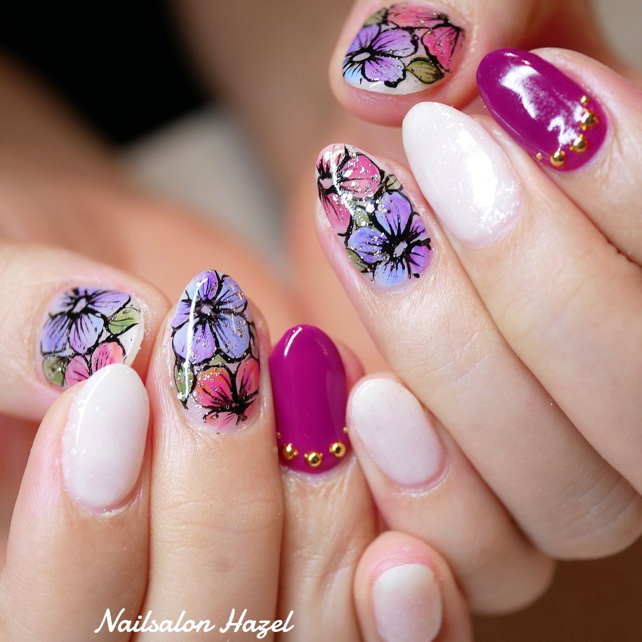 オールシーズン ハンド フラワー ホワイト パープル Nailsalon Hazelのネイルデザイン No ネイルブック