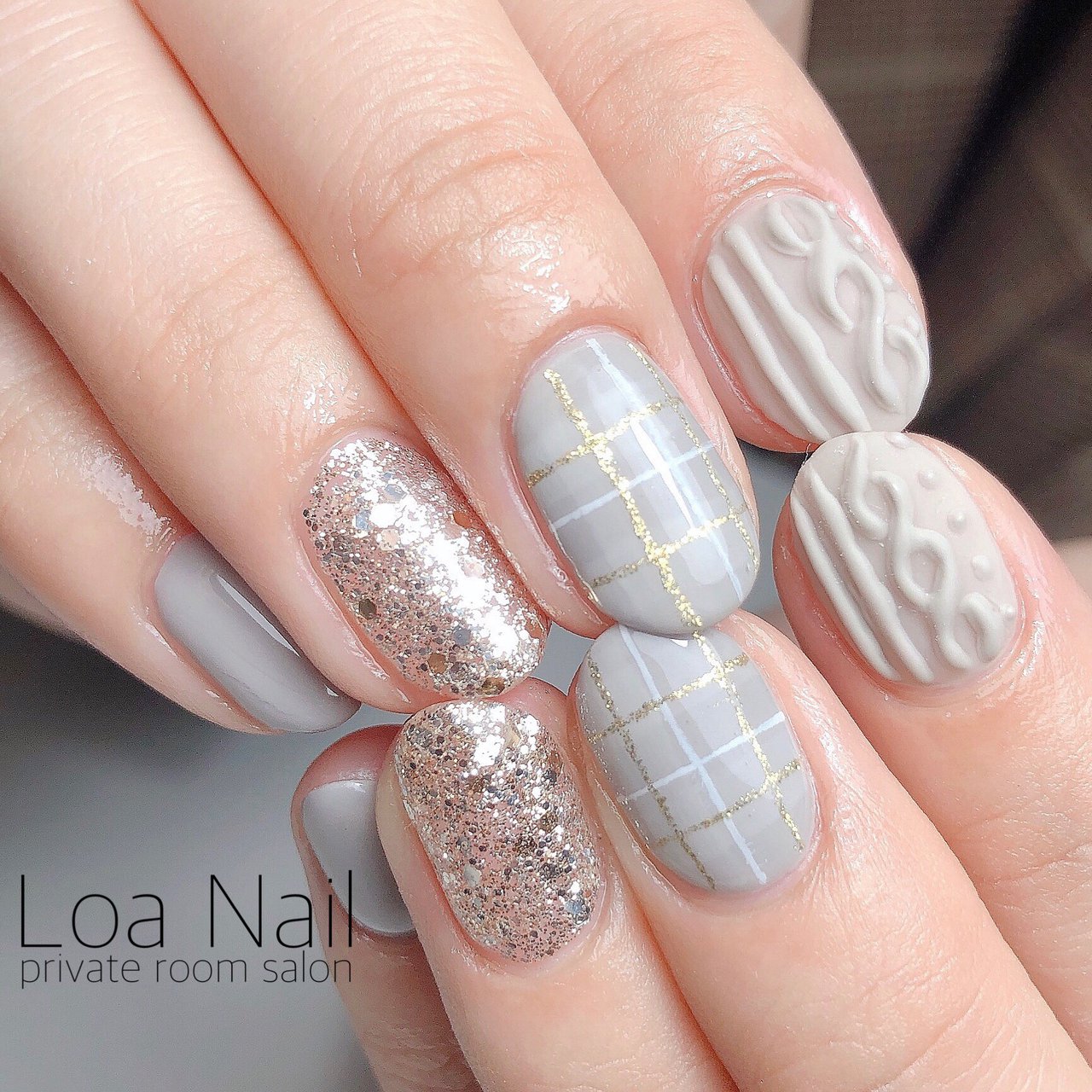 【No.040】ネイルチップ♡グレーネイル♡ニットネイル♡マットコート 1_27d82ca2eda221b3c3909322eef5