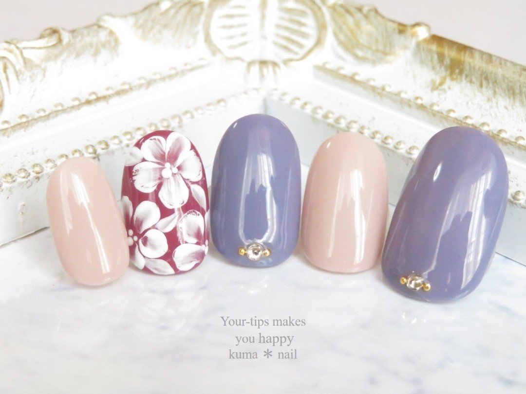 オールシーズン ハンド ワンカラー フラワー 和 Kuma Nailのネイルデザイン No ネイルブック