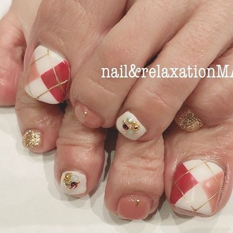 秋 冬 フット アーガイル ショート Nail Marbleのネイルデザイン No ネイルブック