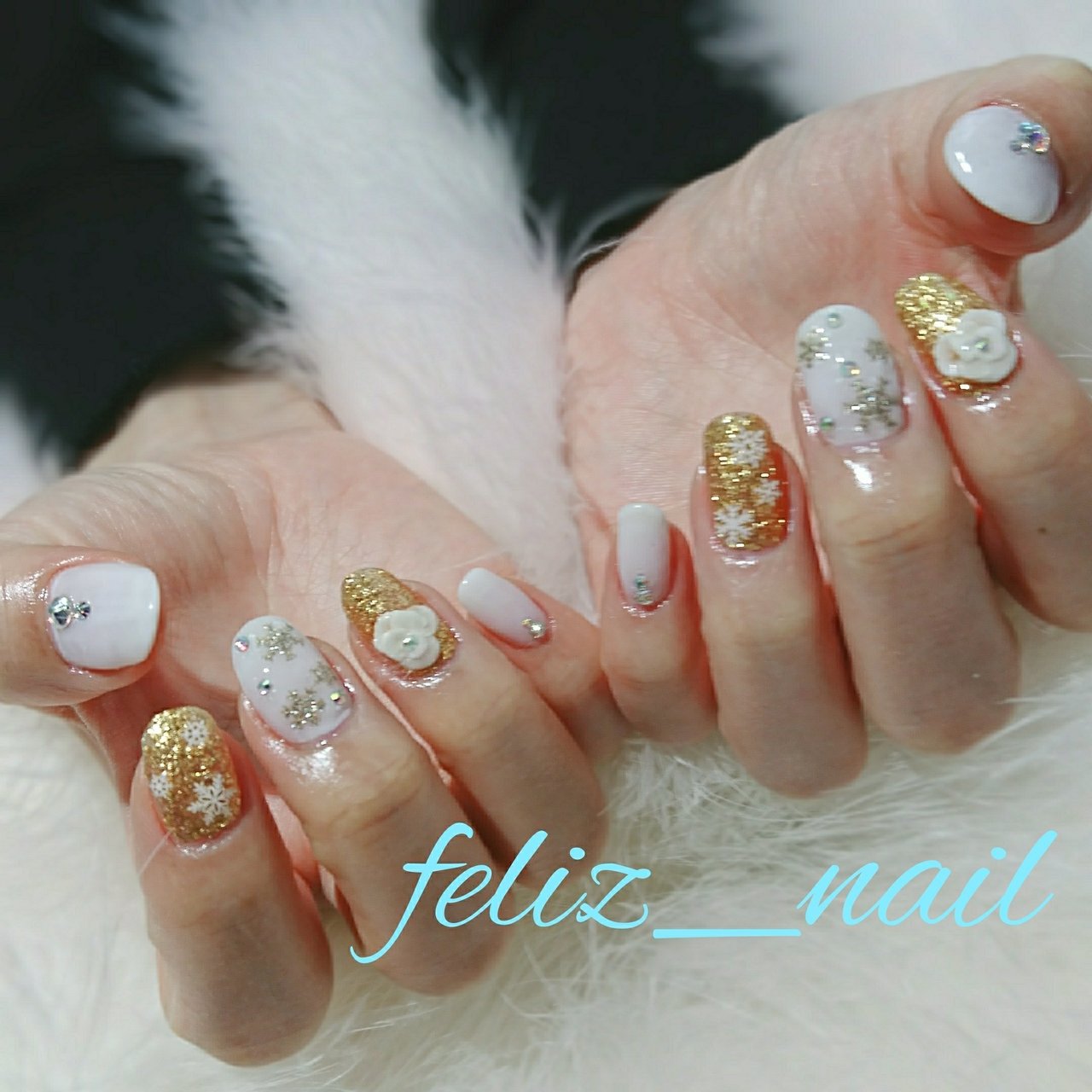 冬 ハンド ラメ フラワー 雪の結晶 Feliz Nailのネイルデザイン No ネイルブック