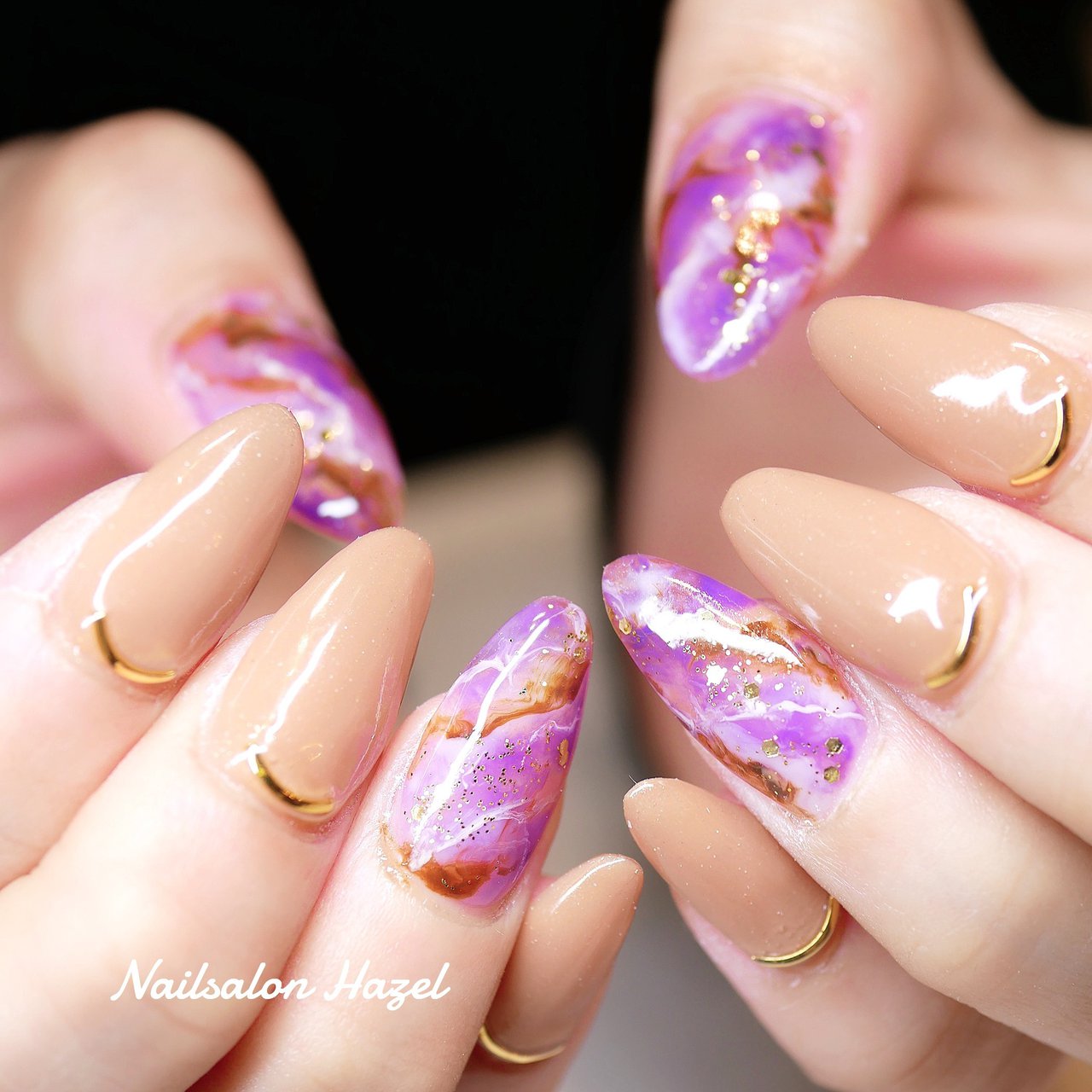 オールシーズン ハンド 大理石 ベージュ パープル Nailsalon Hazelのネイルデザイン No ネイルブック