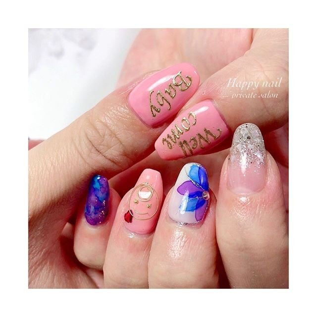 オールシーズン ラメ フラワー たらしこみ ニュアンス Happy Nailのネイルデザイン No ネイルブック